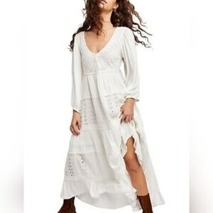 Free People "MOCKINGBIRD" White EYELET Lace Maxi Long Sleeve Dress L Large